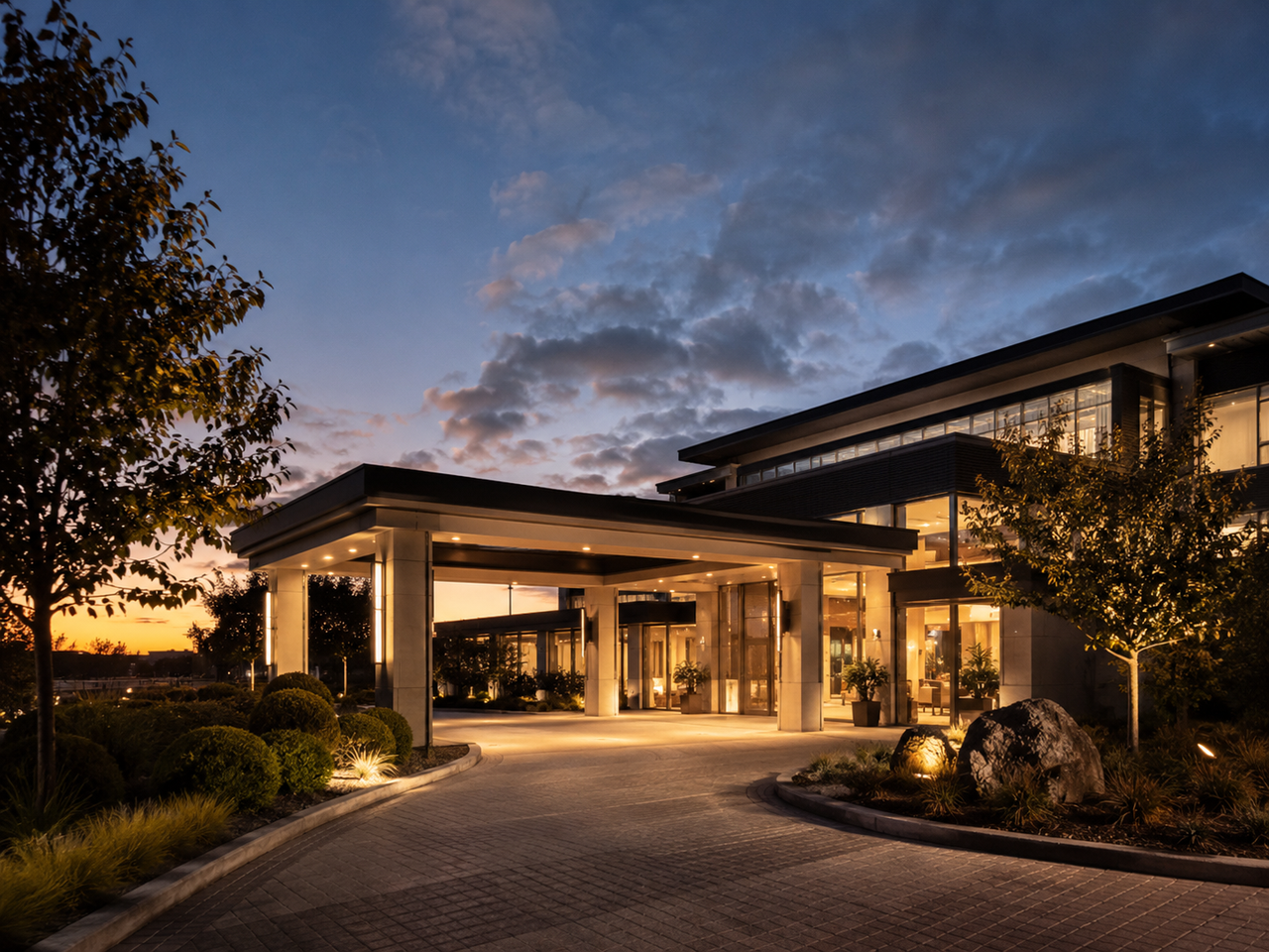 Porgess hotel entrance at dusk in Hamilton