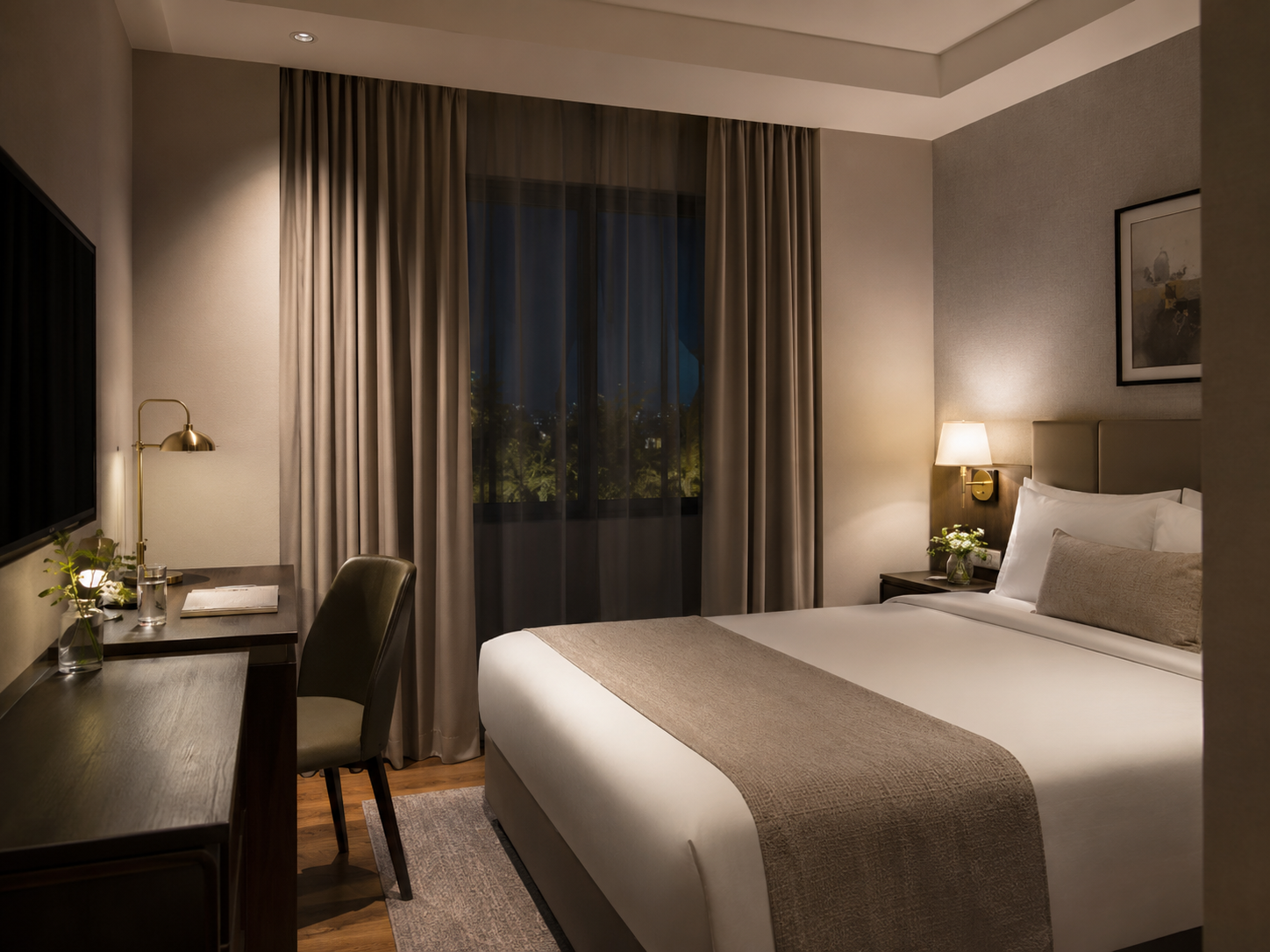 Classic guest room at Porgess with warm evening lighting
